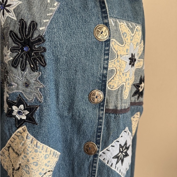 Vintage Karen Hart Blue Denim Jean Chore Jacket Womens XL Patchwork Eclectic 90s - Picture 2 of 5